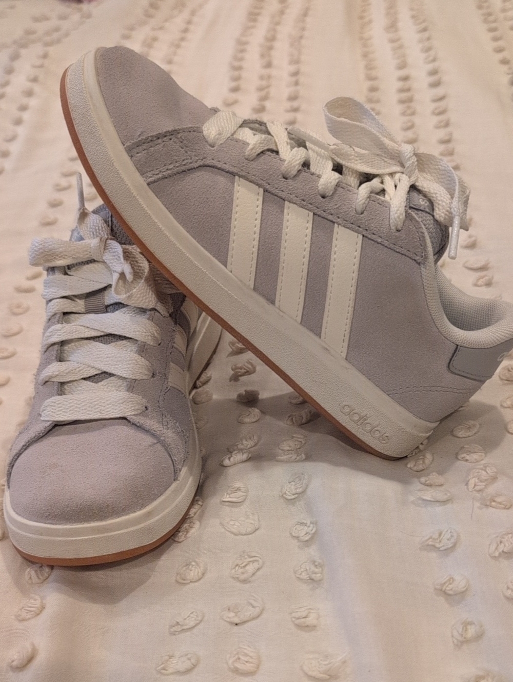 adidas Boy’s Suede Sneakers in Light Gray with White Stripes